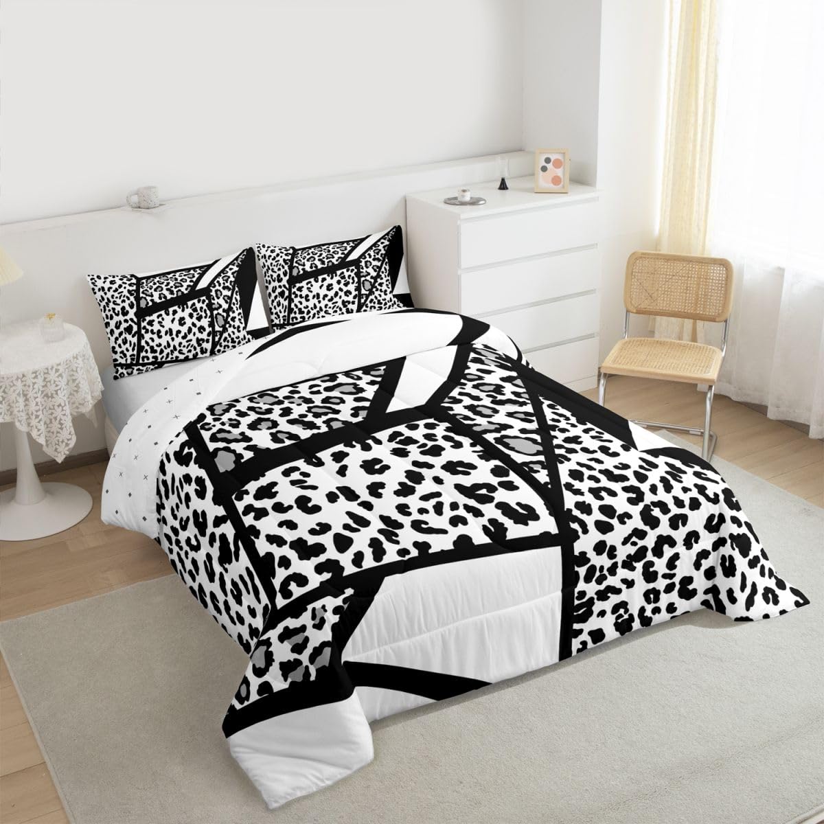 jejeloiu Leopard Print Kids Comforter Set Queen Size Animals Fur Splice Bedding Set Cheetah Duvet Quilt for Kids Boys Girls Bedroom Decor Microfiber Ultra Soft Breathable