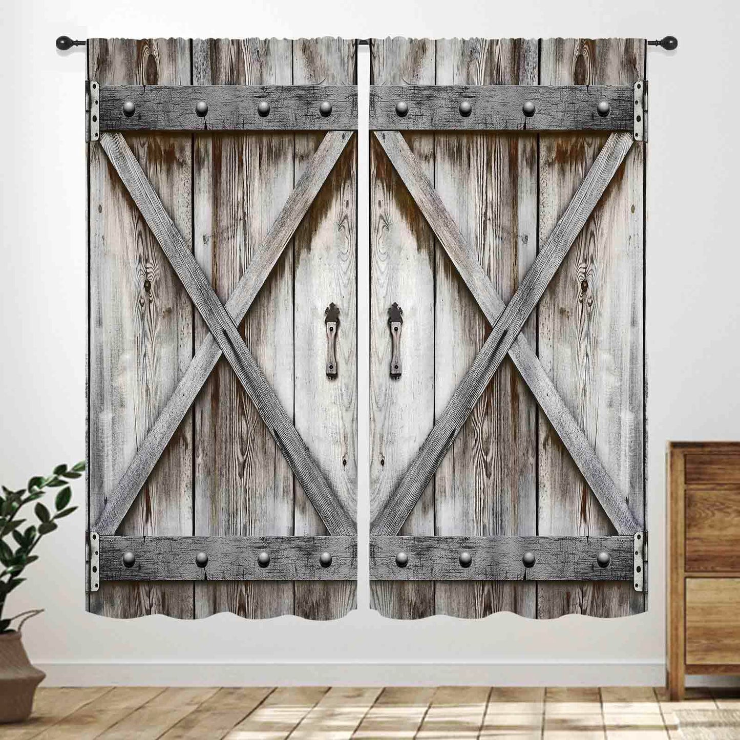 Barn Door Wooden Kitchen Curtains,Rustic Farm Farmhouse Country Retro Rustic Western Cafe Short Tier Curtains Decor for Living Room Garage Cabin Window Drapes 2 Panels,42X45 Inch