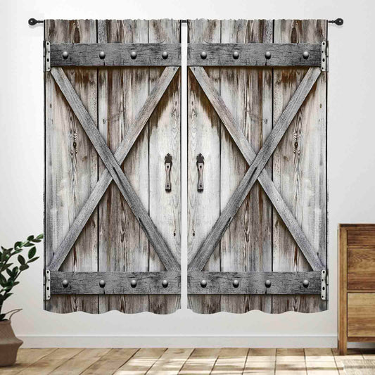 Barn Door Wooden Kitchen Curtains,Rustic Farm Farmhouse Country Retro Rustic Western Cafe Short Tier Curtains Decor for Living Room Garage Cabin Window Drapes 2 Panels,42X45 Inch