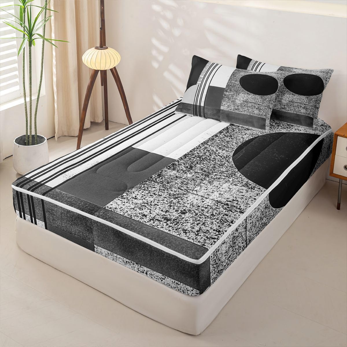 jejeloiu Modern Art Print Full Zipper Bedding Set Retro Kids Comforter Set with Fitted Sheet and 2 Pillowcases Abstract Geometric Bed in a Bag Zip Up Bedding Soft Microfiber