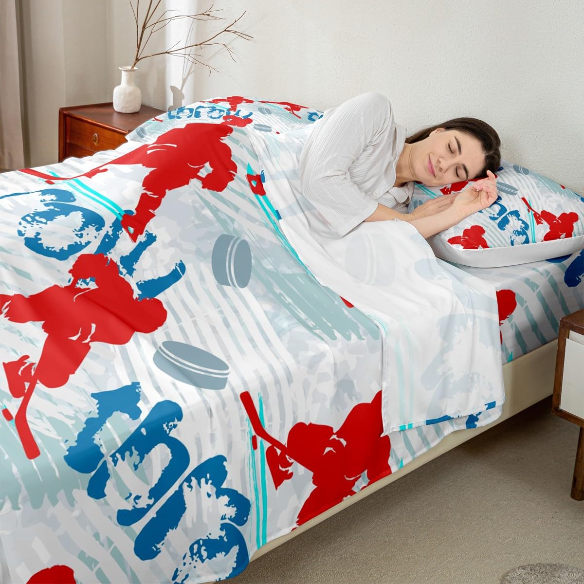 Ice Hockey Kids Sheet Full Size,Winter Event Ball Sport Game Bedding Set for Boys Adults,Athlete Silhouette Graffiti Red Blue Stylish Bed Sheet Set 4pcs(Fitted Sheet + Flat Sheet + 2 Pillowcases)