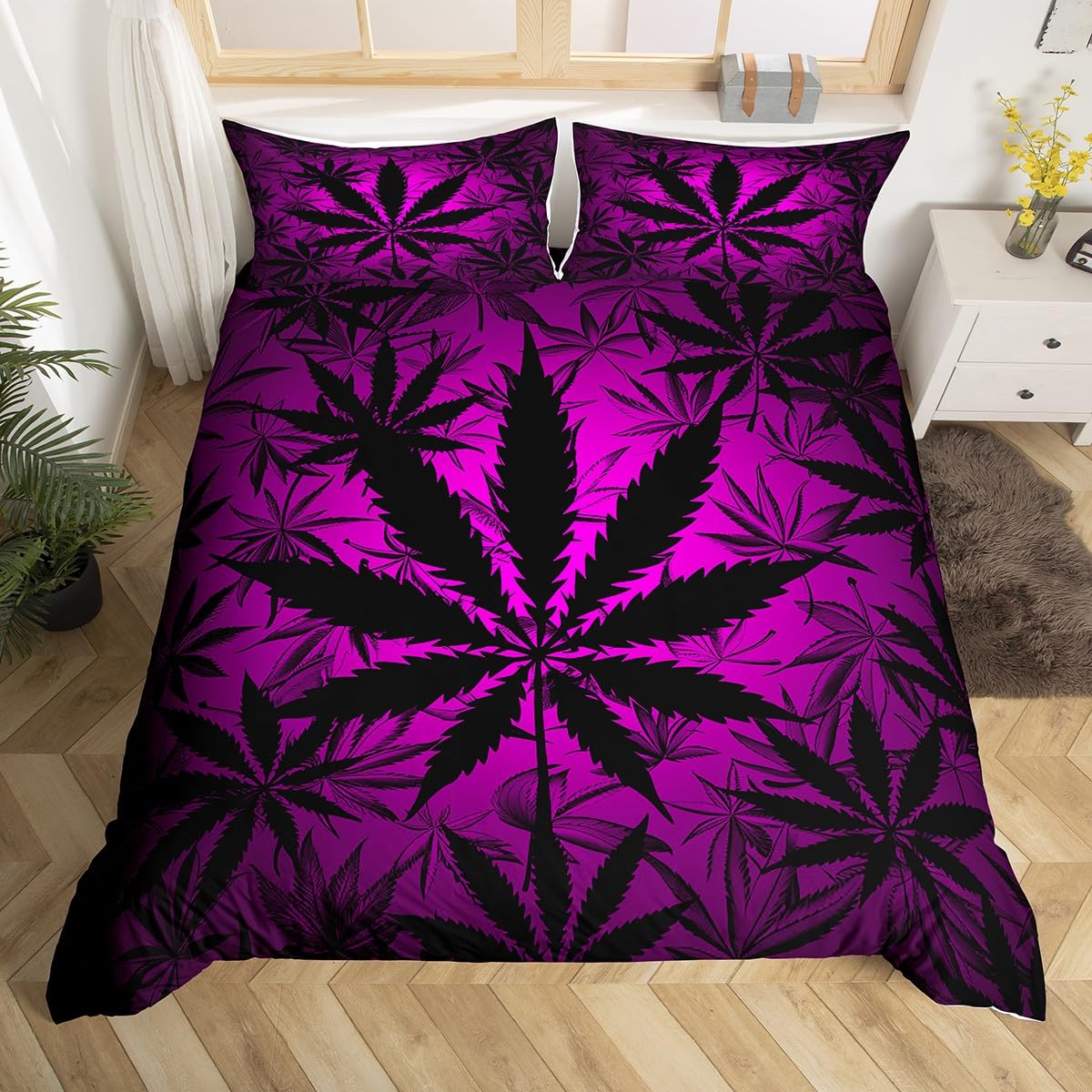 Erosebridal Leaf Bedding Set for Kids Boys Girls Teens,Neon Leaves Duvet Cover Queen,Leaf Bed Sets Lightweight,Botanical Plants Quilt Cover with 2 Pillowcases