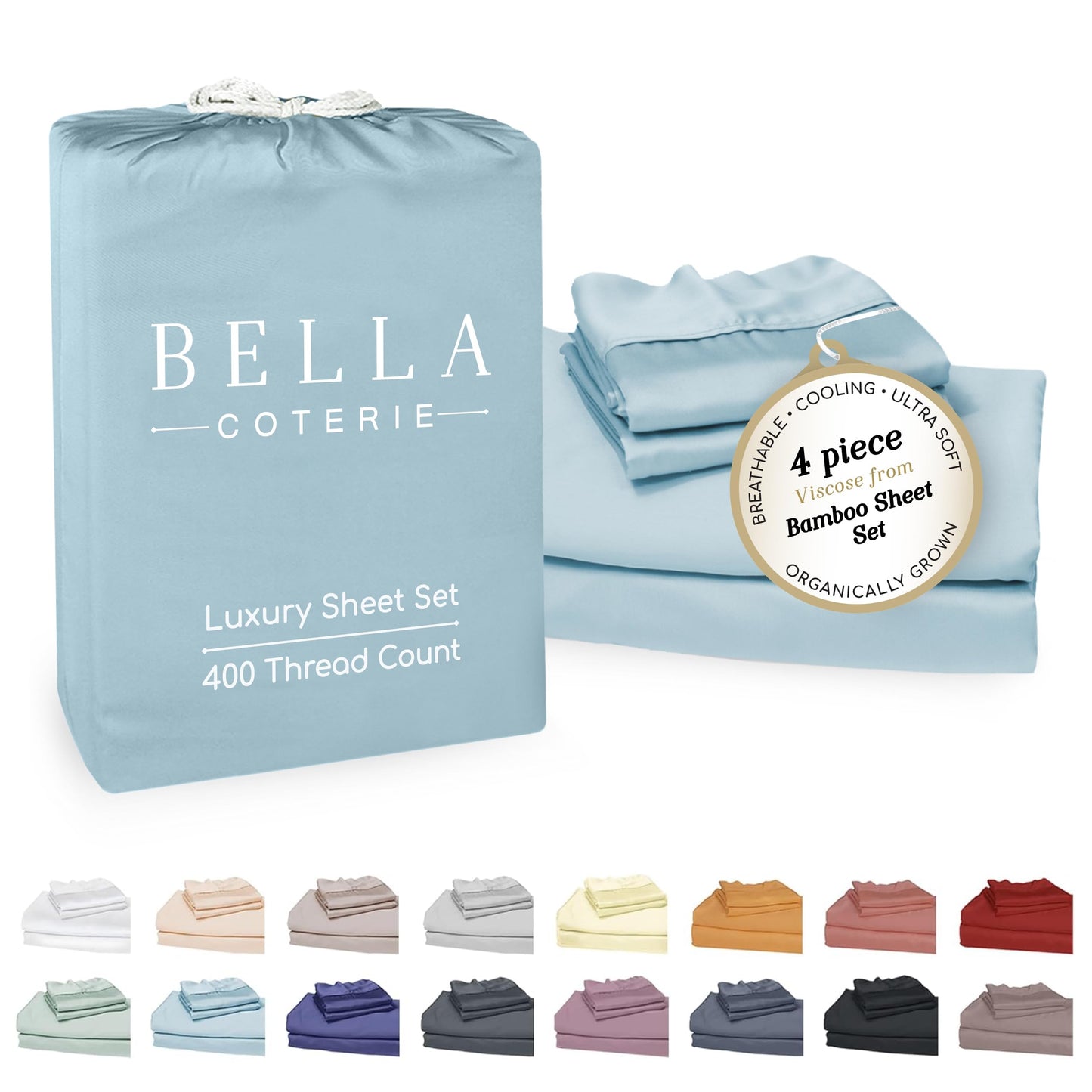 Bella Coterie Luxury Bamboo Viscose Queen Size Sheet Set | 100% Organically Grown | Ultra Soft | Cooling for Hot Sleepers | 18" Deep Pocket [Coastal Blue]