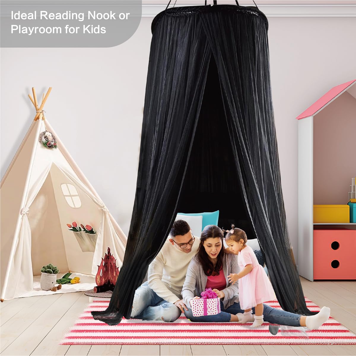 ZXPLO 40"x 106" Bed Canopy for Girls & Adults, Double Layer Princess Round Dome Bed Curtain Canopy Drapes, Dreamy Mosquito Net Reading Nook, Bedroom Decoration (Black)