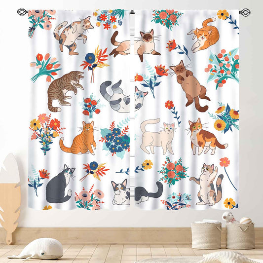 Cute Cat Curtains, Funny Kawaii Floral Kitten Watercolor Colorful Aesthetic Art Print Blackout Window Drape Treatments for Boys Kids Girls Cat Lovers Bedroom Living Room 2 Panels Set, 42"x45" Inch