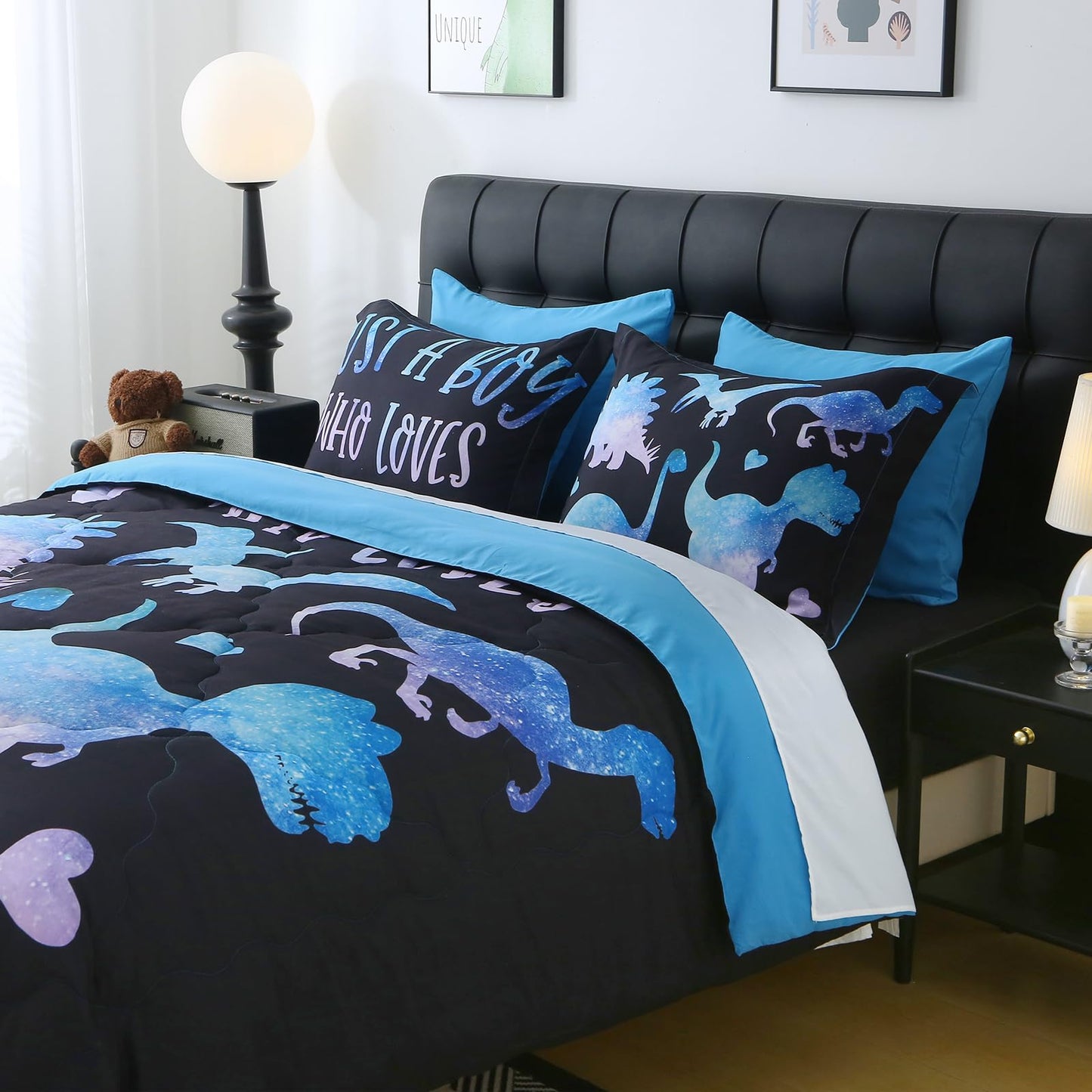 Jameswish 7 Piece Boys Dinosaur Comforter Set Full Size Blue Dinonsaur Soft Microfiber Bed in A Bag with Comforter,Sheet Set,Pillowcase and Sham for Child Teens All Season
