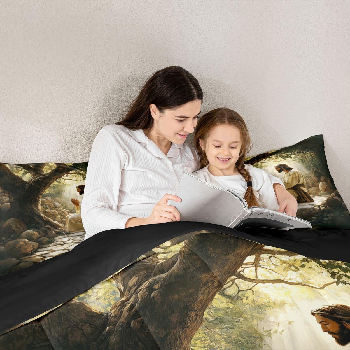Manfei God Praying Girls Bedding Set Twin Size,The Garden of Gethsemane Comforter Set,Western Bible Verse Spiritual Quilt Comforter Girls Boys Teens,Black Gray Room Decor All Season,1 Pillowcase