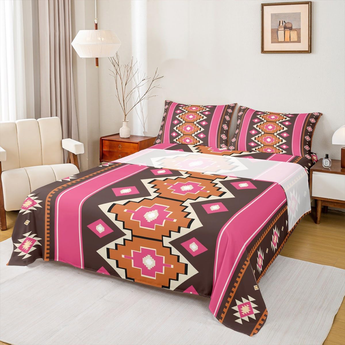 Feelyou Boho Aztec Bed Sheets Set King Size West Bed Set for Kids Boys Girls Pink Brown Deep Pocket Fitted Sheet Western Breathable Soft Lightweight Microfiber