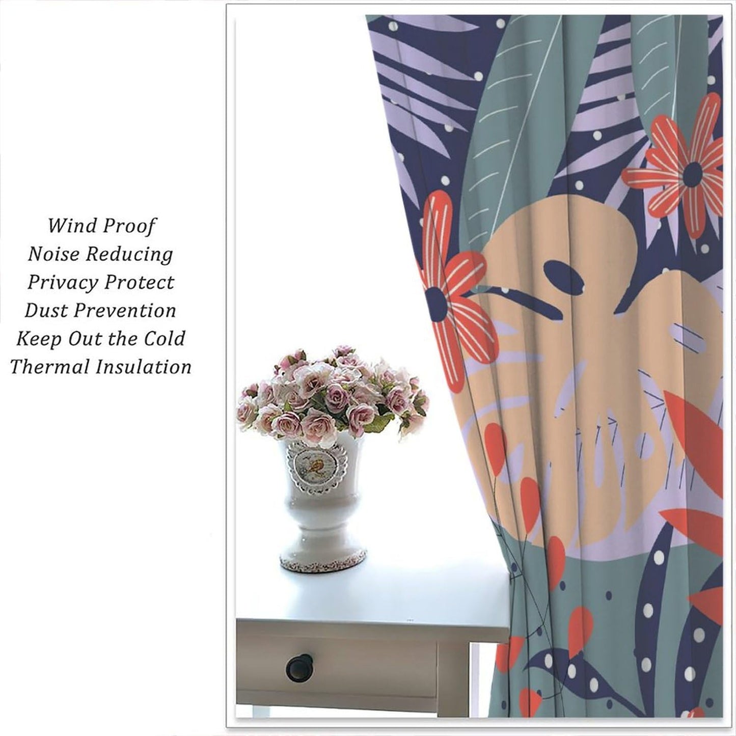 Abstract Plants Leaf Curtains, Mid Century Botanical Leaves Modern Window Drapes, for Living Room Bedroom 42" W X 45" L (Decorative)