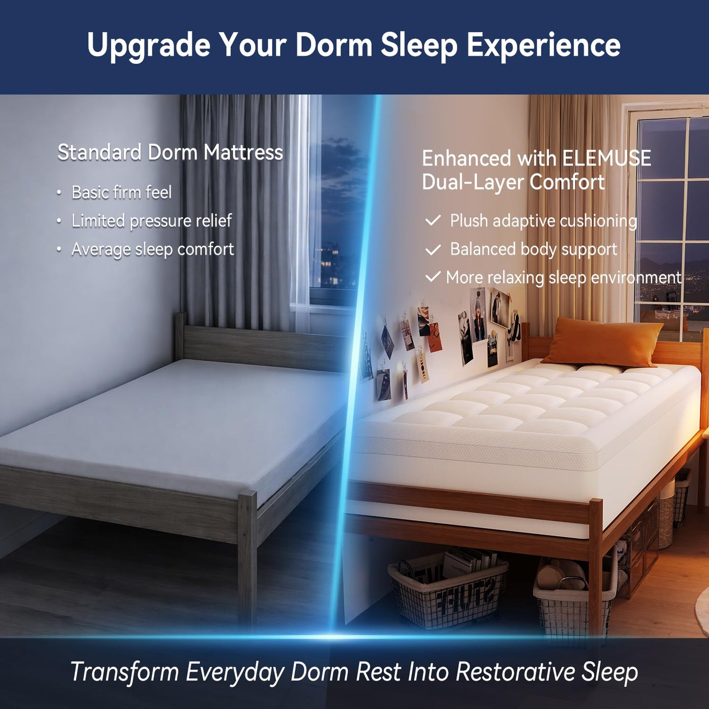 ELEMUSE Twin XL Dorm Dual Layer 3 Inch Memory Foam Mattress Topper for College, Dorm Room Essentials, 2 Inch Cooling Gel Foam and 1 Inch Soft Pillow Top Bed Pad,Back to School Comfortable Support