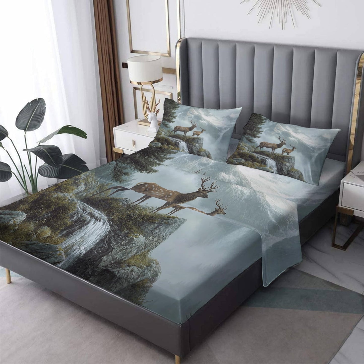 NOGAWA Deer Sheets Twin XL, Wildlife Bed Sheets, Rustic Hunting Bedding Sheets, Soft Microfiber Deep Pocket Fitted Sheet & Flat Sheet & Pillowcase