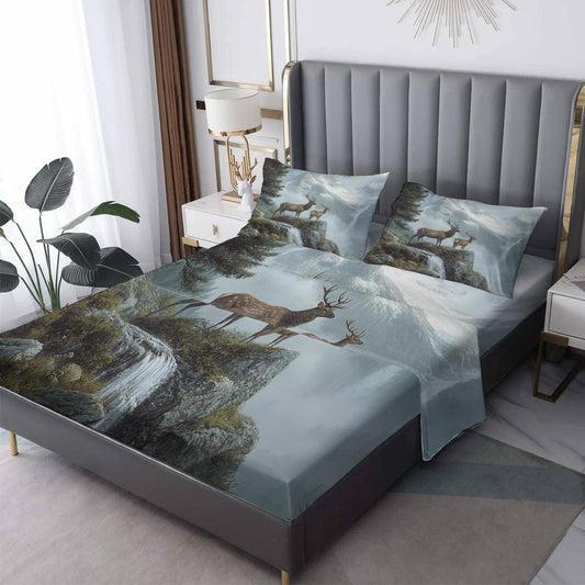 NOGAWA Deer Sheets Twin XL, Wildlife Bed Sheets, Rustic Hunting Bedding Sheets, Soft Microfiber Deep Pocket Fitted Sheet & Flat Sheet & Pillowcase