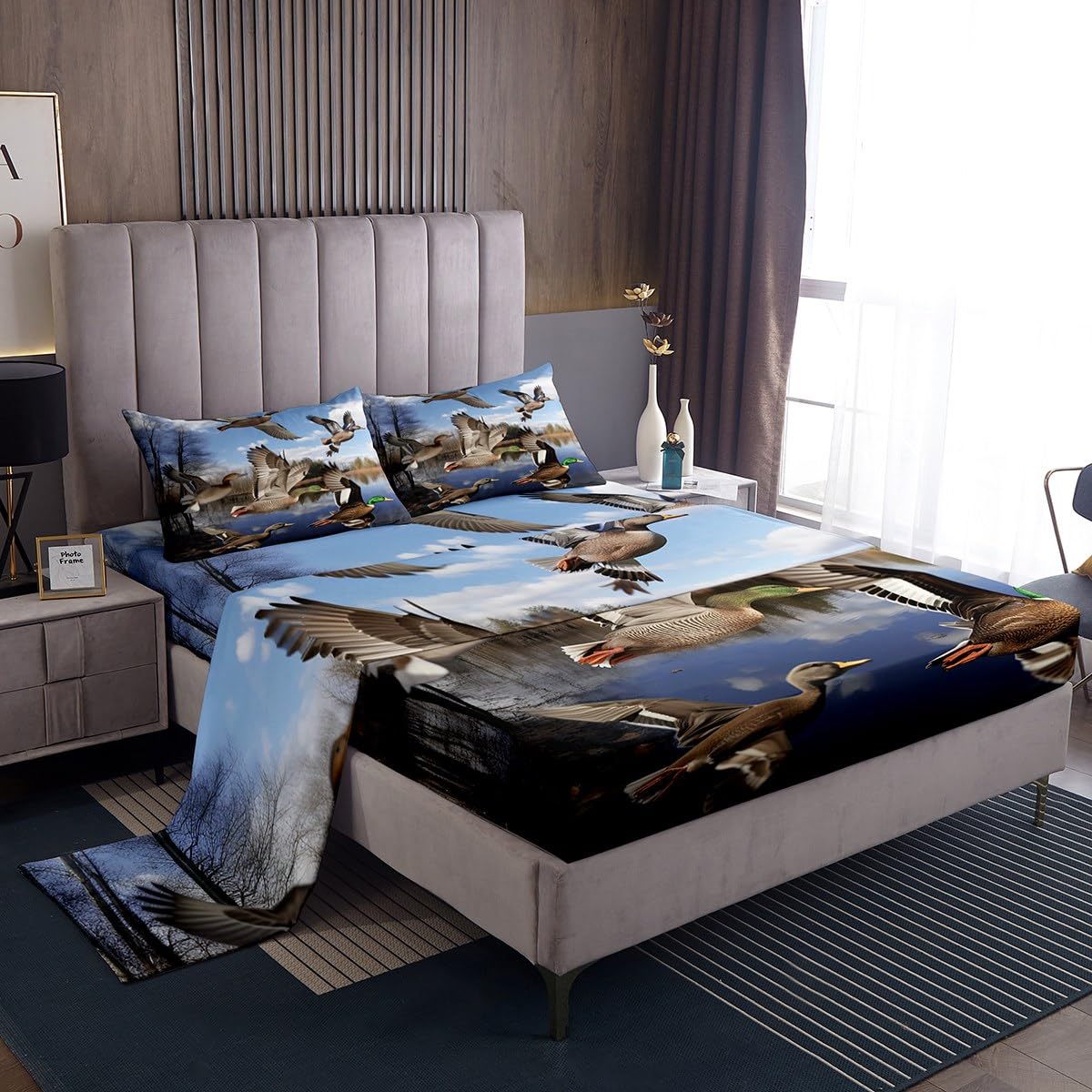 Erosebridal Duck Hunting Sheet Set for Teens Youth,Mallard Duck Bed Sheets Full Size,Nature Landscape Bedding Set Bedroom Decor,Woodland Farmhouse Animal Fitted Sheet + Flat Sheet + 2 Pillow Shams