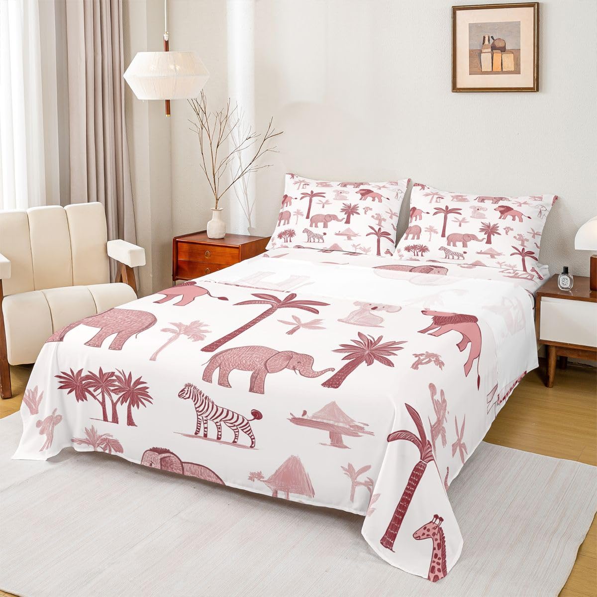 Erosebridal Jungle Animals Sheet Set Full Red Pink Bed Sheets for Kids Boys Girls African Safari Animal Flat Fitted Sheet Elephant Lion Giraffe Animal Sheets 3 Pcs