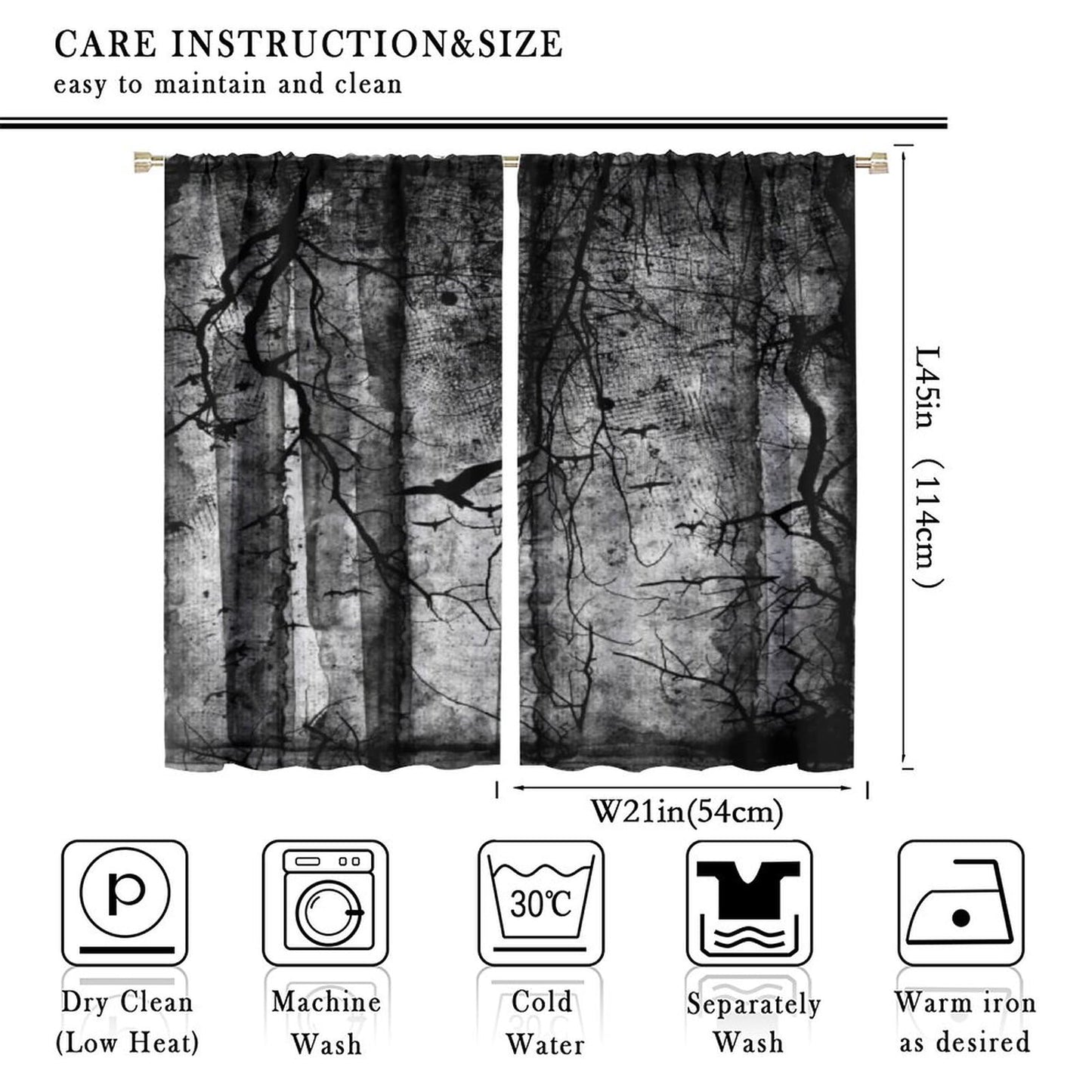 Gothic Crow Curtains,Abstract Black Birds Raven Dark Halloween Window Treatments for Bedroom Living Room Kitchen Window Drapes 2 Panel Set,Total Size 42 x 45 Inch