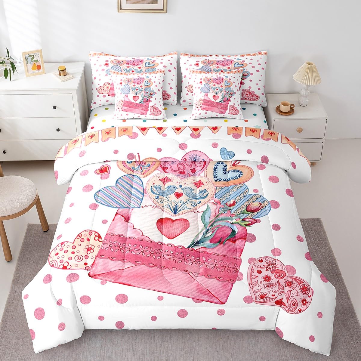 Feelyou Girls Like Cartoon Cute 7 Piece Bedding Set Queen Size Heart-Shaped Design Bed in a Bag for Adult Pink Envelope Comforter Set with Sheets Pink Polka Dot Room Decor Romantic Bed Set