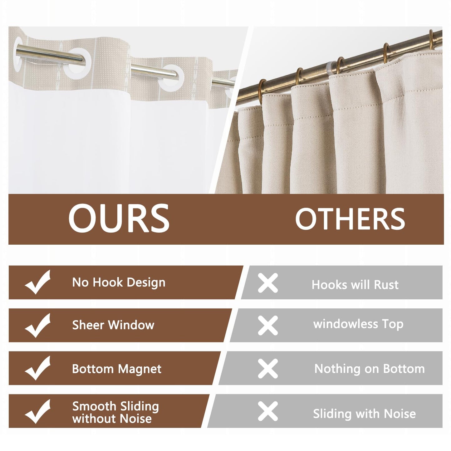 NAEMBCU No Hook Waffle Shower Curtain with Snap-in Liner 71x74 Inch