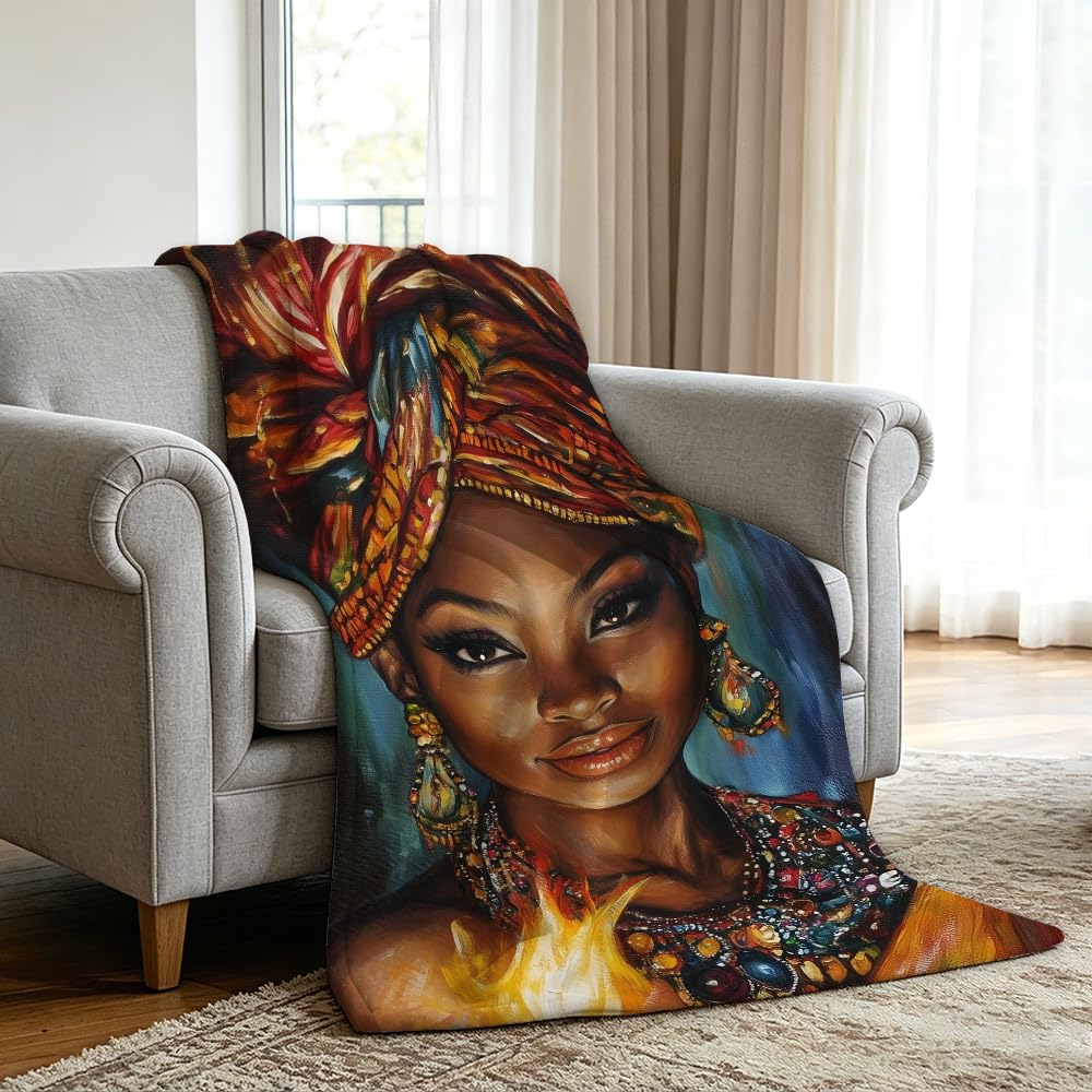 HUNXIAOJ African American Throw Blanket Black Girl Blanket African Gifts for Women Tribal Bedding Ethnic Decor Warm Soft Flannel for Sofa Couch (49in x 59in)