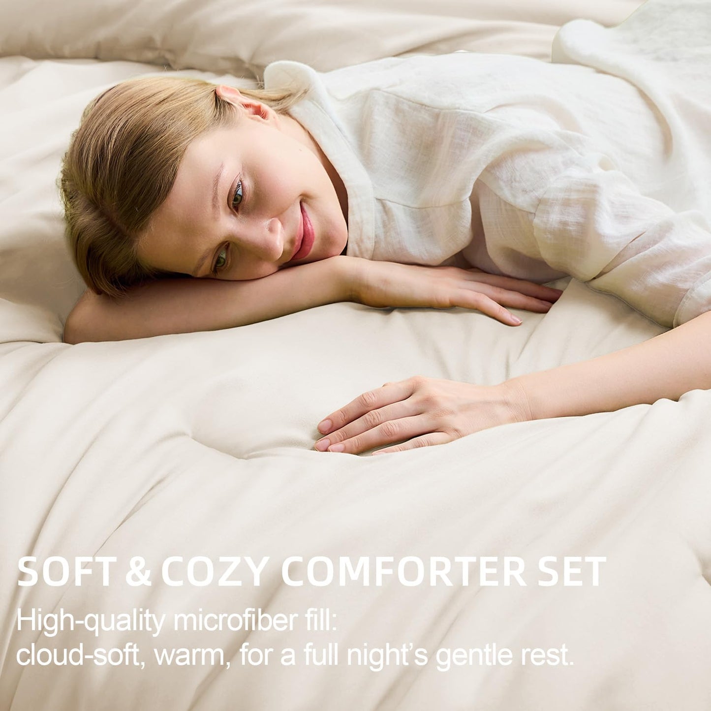 FUANNA King Size Comforter Sets Beige, 7 Pieces Soft Bedding Set, All Season Lightweight Bed in a Bag with Comforter, Flat Sheet, Fitted Sheet, Pillowcases & Shams