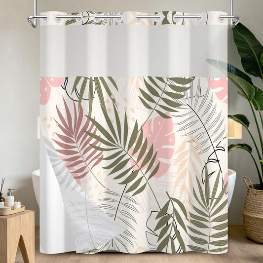 NAEMBCU No Hook Tropical Leaf Shower Curtain and Liner Set, 71 x 74 Inch
