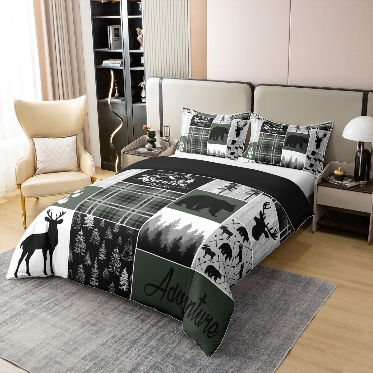 Erosebridal Retro Cabin 100% Cotton Duvet Cover Queen Size Plaid Patchwork Bedding Set For Boys Teens Adult Bedroom Woodland Wildlife Deer Bear Comforter Cover Country Farmhouse Wild Animal Bedclothes