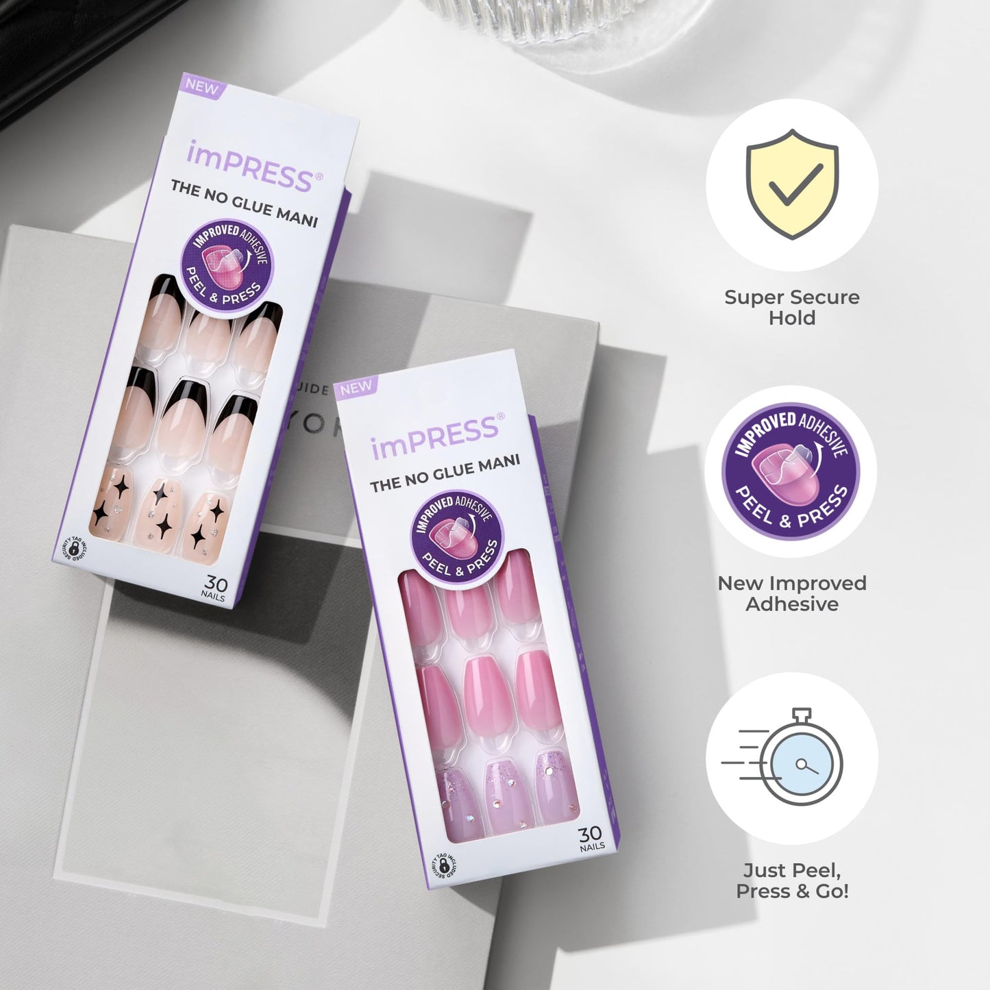Kiss Impress Press-On Manicure, Nail Kit, PureFit Technology, Short Press-On Nails, 'Miracle', Includes Prep Pad, Mini Nail File, Cuticle Stick, and 30 Fake Nails