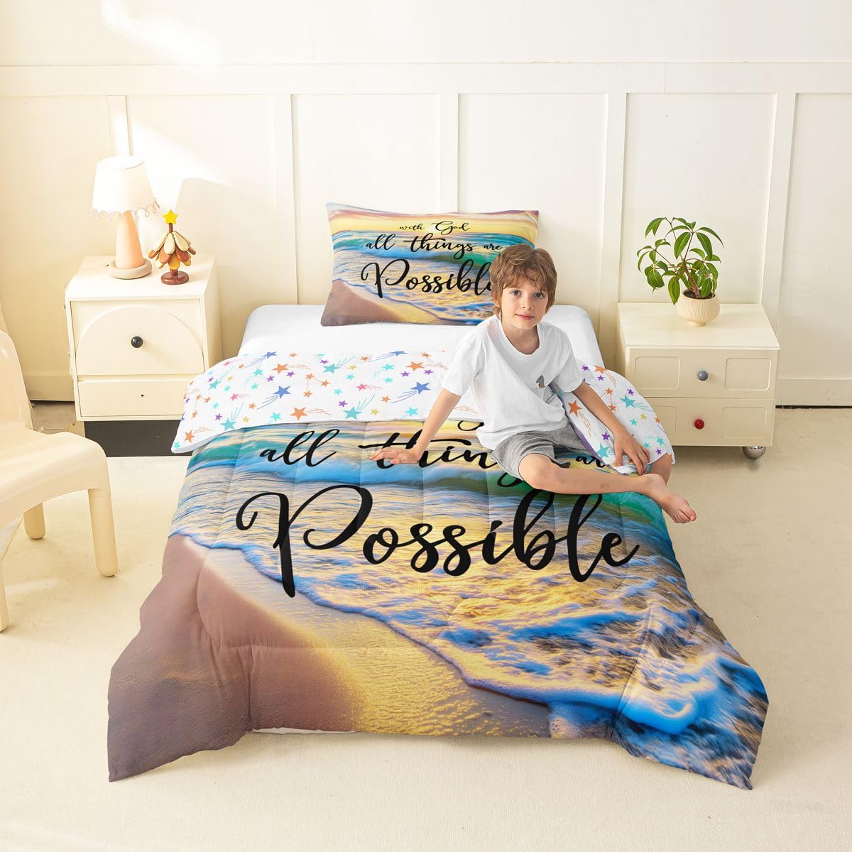 Manfei Beach Verse Twin Size Bedding Set with 1 Pillowcase - Teal Orange Inspirational Quotes Comforter Set for Kids Teen Bedroom,Ocean Sunrise Faith Summer Coastal 2 Pieces Soft Duvet Insert