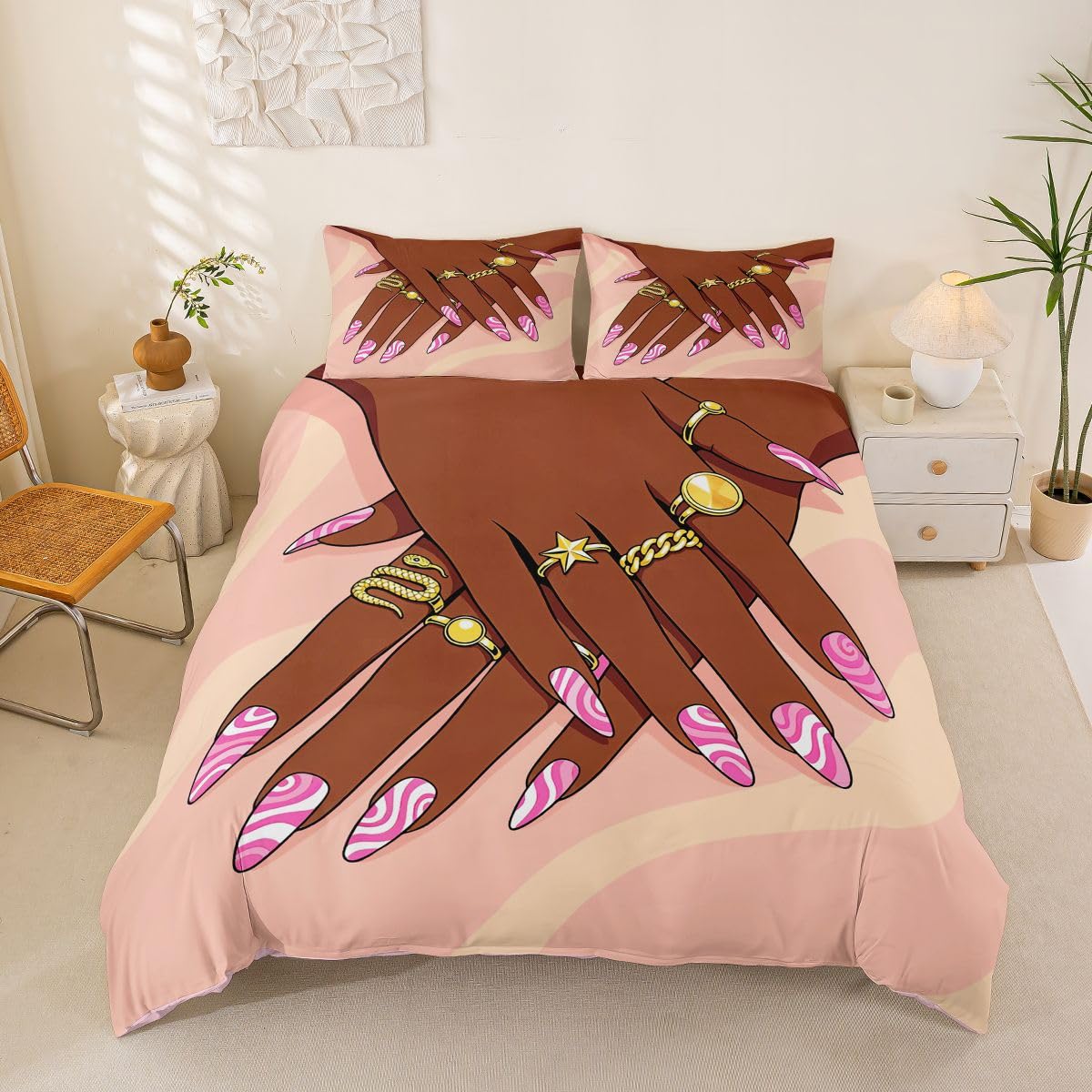 Erosebridal Romantic Makeup Themed Comforter Cover Full Size for Girls Fashion Girlish Bedding Set Black Girls Duvet Cover for Kids Teens Adult Women Bedroom Afro Vogue Princess Magical Bed Set