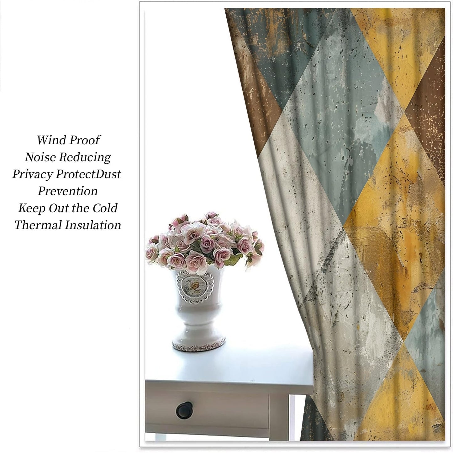 XAFIAUR Geometry Blackout Curtains, Rhombus Art Printed Drapes, Retro Geometry Thermal Insulated Drapes 2 Panels Darkening Window Curtain for Bedroom Living Room 31.5" W x 63" L x2