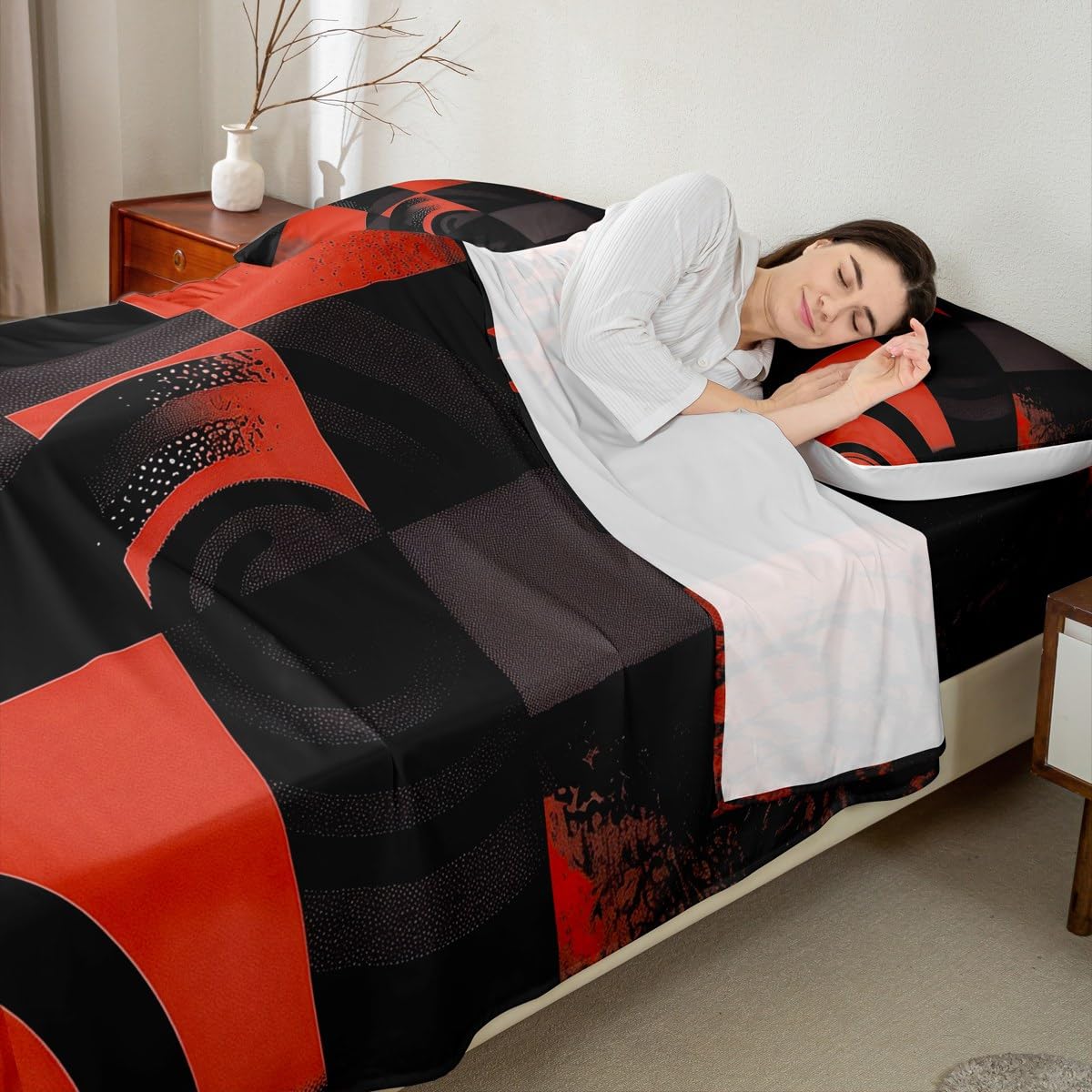 jejeloiu Black and Red Bed Sheets Set Twin Size Abstract Bed Set for Kids Boys Girls Deep Pocket Fitted Sheet Plaid Breathable Soft Lightweight Microfiber