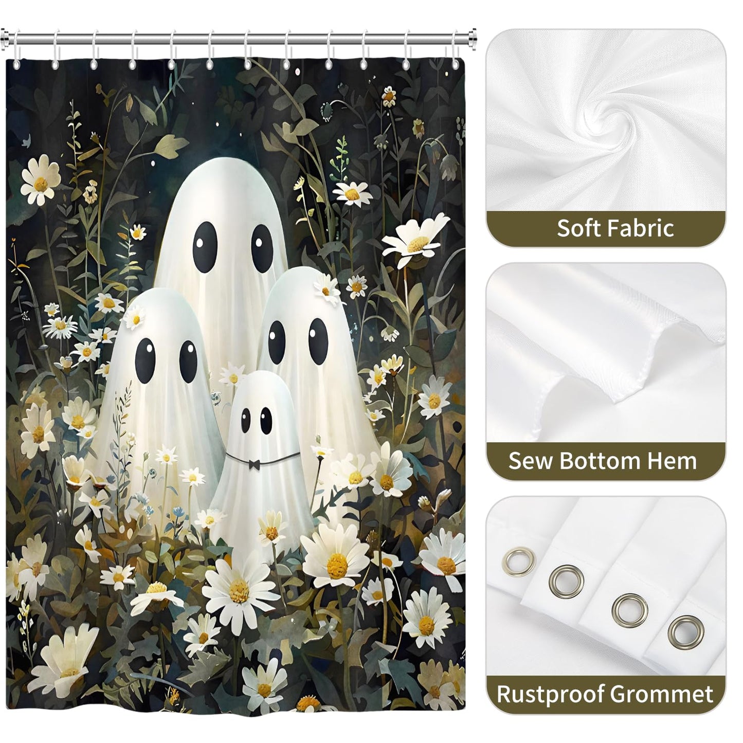 deFouliao Halloween Shower Curtain Flower with Ghost Family Cute Funny Bathroom Curtain Sets for Halloween Themed Bath Home Decor, Waterproof Fabric Decoration with Hooks 72x72 Inch