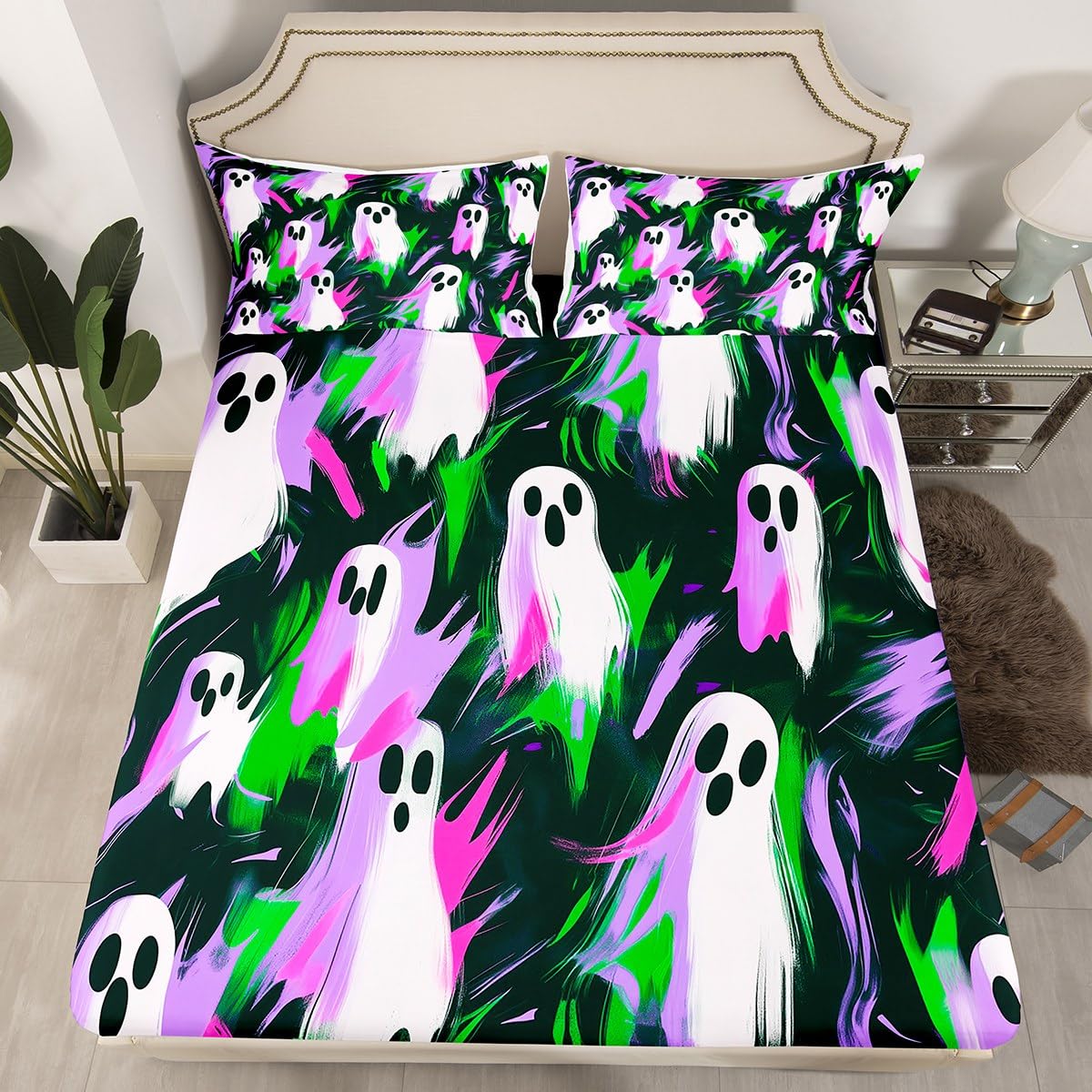 Feelyou Boys Girls Halloween Bed Sheets Set Queen Size, Cute Ghost Sheets with Deep Pocket Fitted Sheet Ghost Festival Sheet Set Kids Cartoon Teens Bedding Set Bedroom Decor with 2 Pillow Case