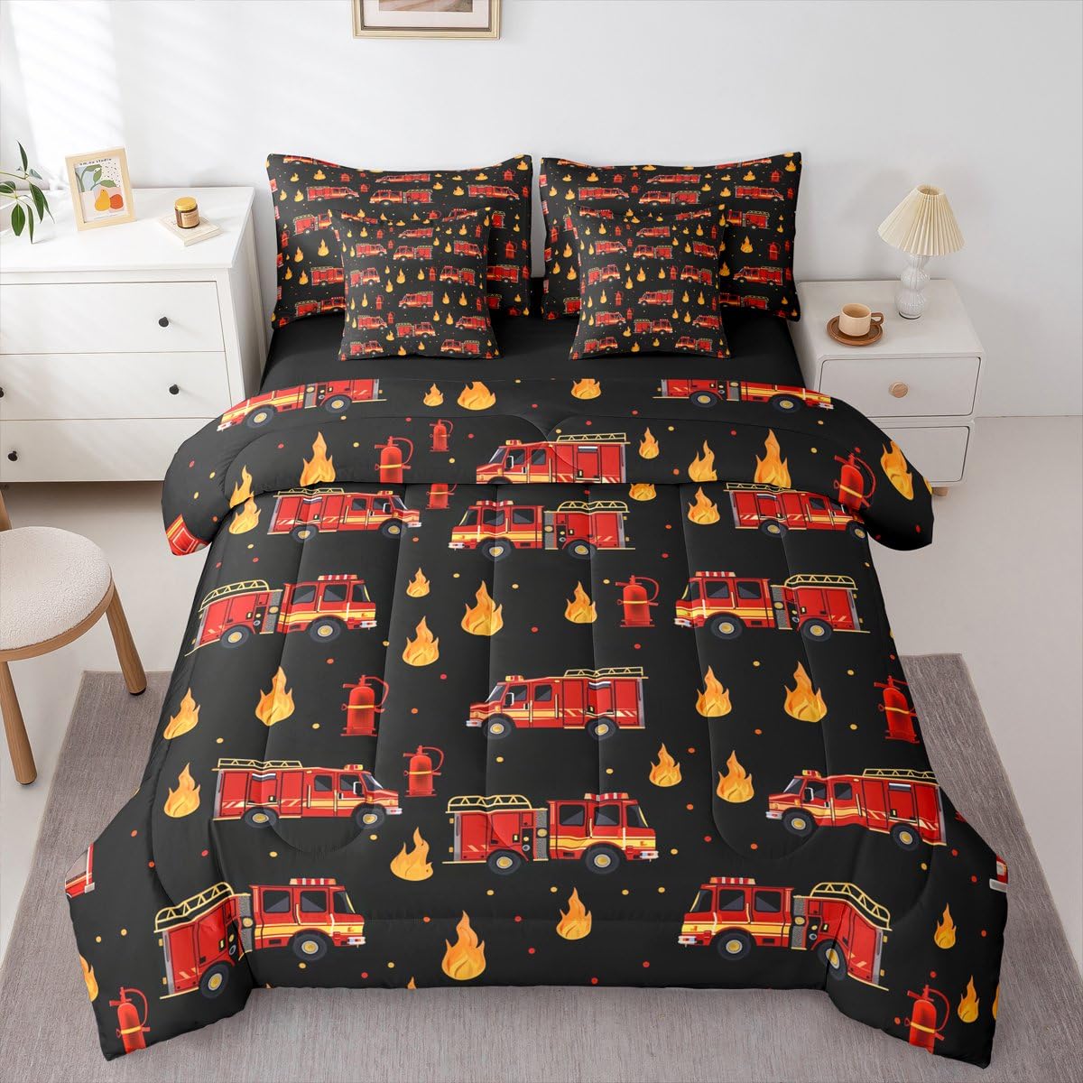 Erosebridal Fire Truck 7-Piece Bedding Set Twin for Boys, Cartoon Red Firemen Car Comforter Set with Sheets for Firefighter Room Decor, Black and Red Bed in A Bag, Fire Engine Bed Sets