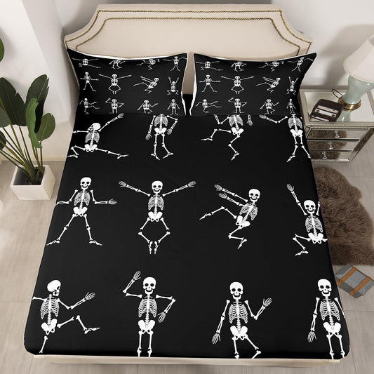 Erosebridal Sugar Skull Sheet Set Full Size Skeleton Bones Bedding Set for Kids Boys Girls Teens Adult Halloween Horror Theme Fitted Sheet Gothic Spooky Bed Sheet Wrinkle Bedclothes(No Flat Sheet)