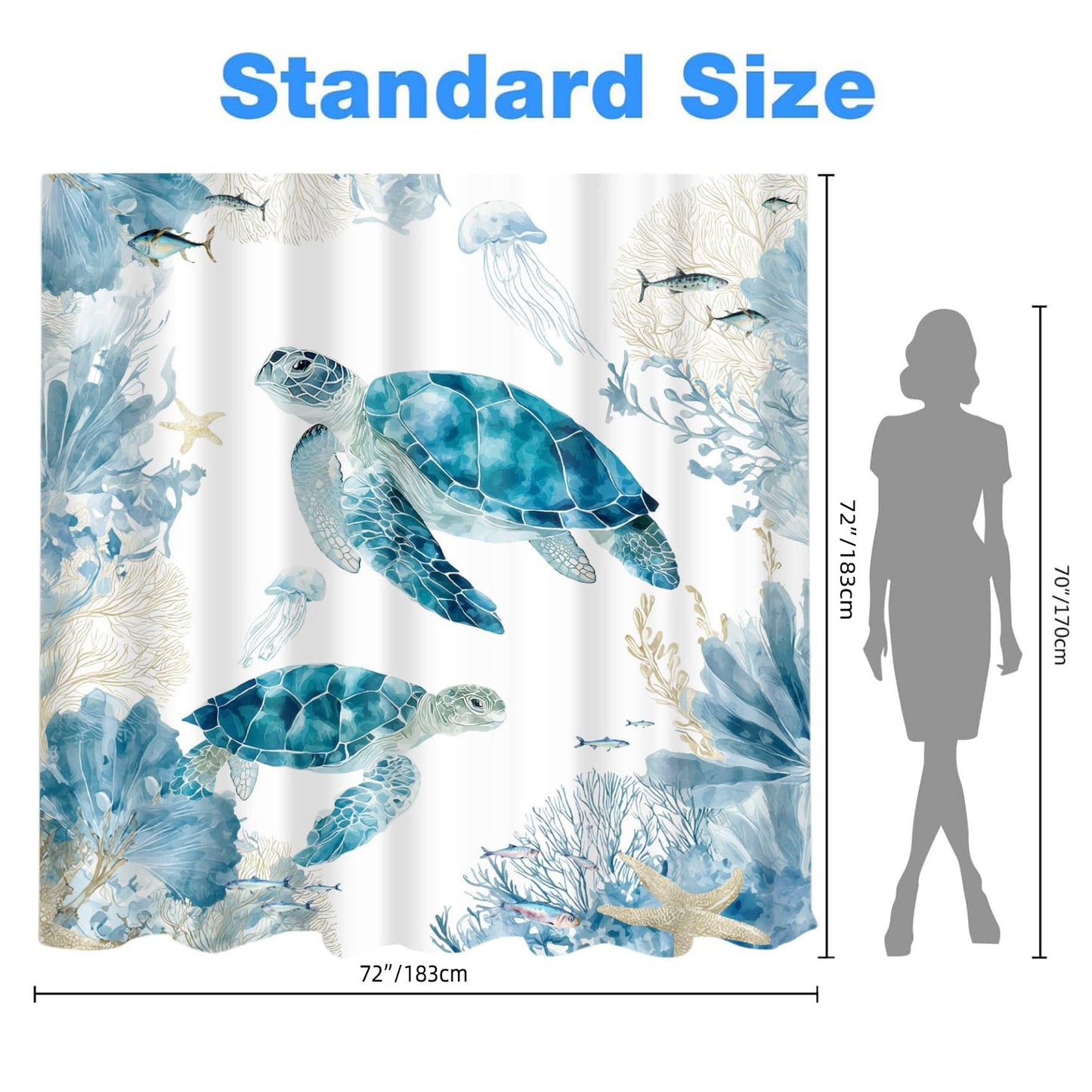 TYTYUU Sea Turtle Shower Curtain for Bathroom, Ocean Themed, Blue, 72x72In