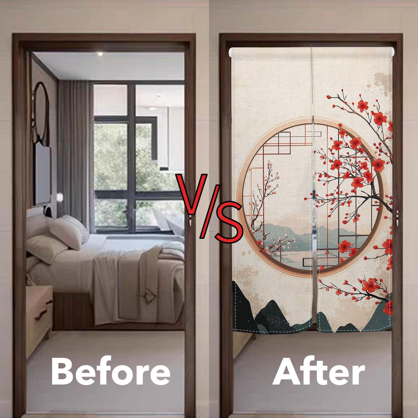 Leowefowa Japanese Noren Curtain Doorway Window Red Blossom Printed Treatment Feng Shui Long Curtain Doorway Tapestry Panel for Room Divider Kitchen Home Chinese Decor (Kahki, Mount), 33.5"x 70.9"