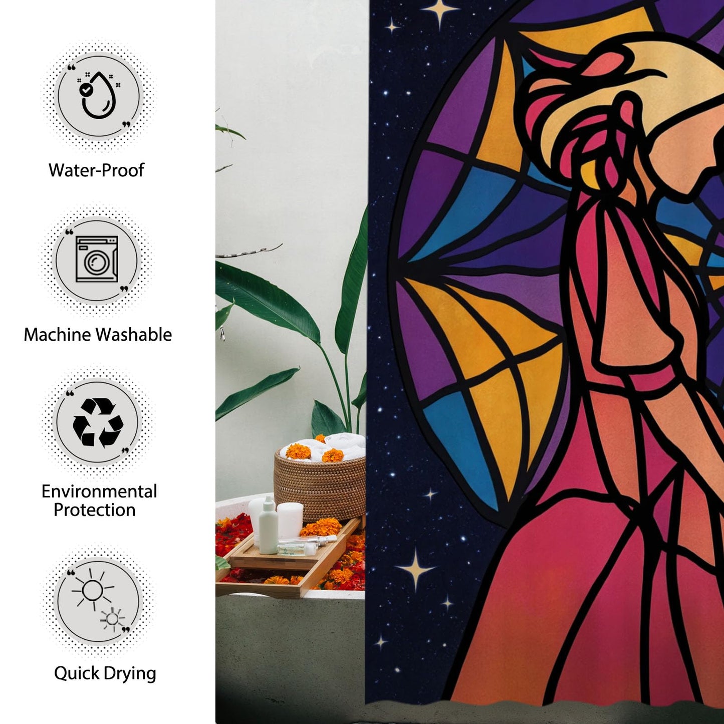Funnytree Goth Magic Girls Shower Curtain 72"x72" - Waterproof Fabric Bathroom Decor for Women Daughter Girls Teens Fans, Easy Care Washable (Hooks Not Included)