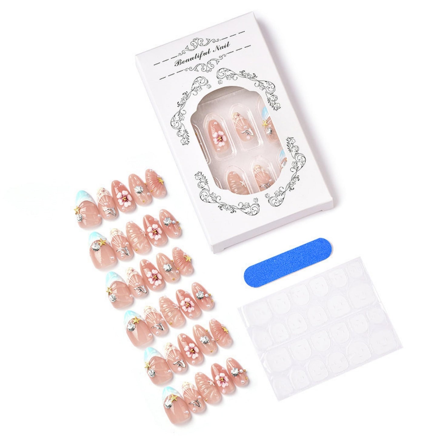 octoswave Press on Nails Medium Almond Fake Nails 3D French Artificial Nail Flowers and Pearl Charm Stick on Nail for Women 24pcs