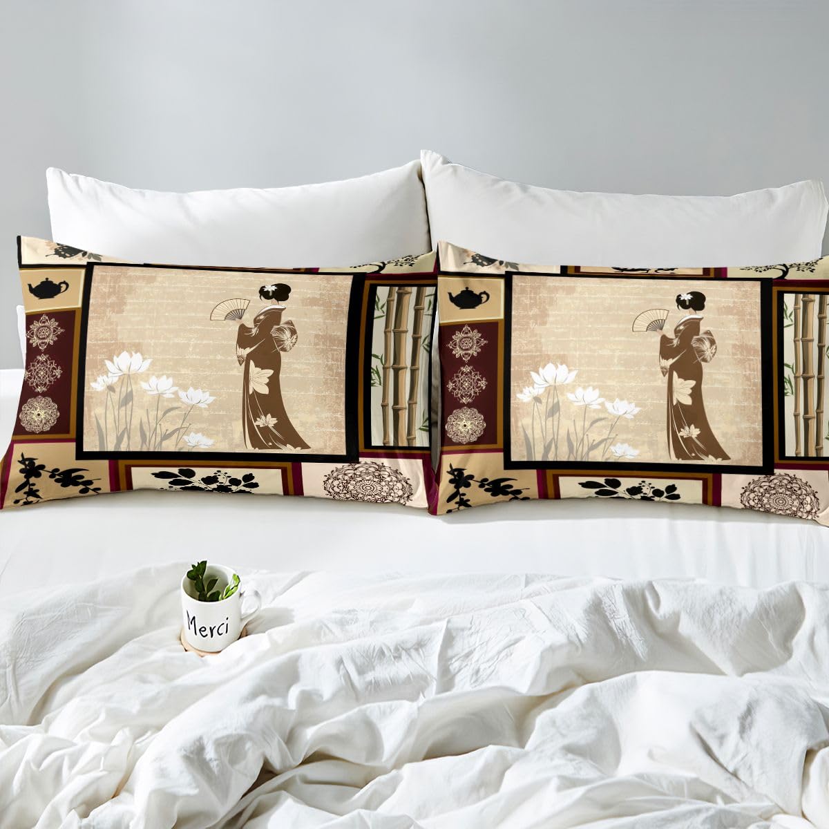 Erosebridal Chinese Girl Bedding Set Lotus Duvet Cover Full Size Asian Culture Comforter Cover Japanese Traditional Ethnic Exotic Bedspread Cover for Kids Adult Dorm Room Decorative