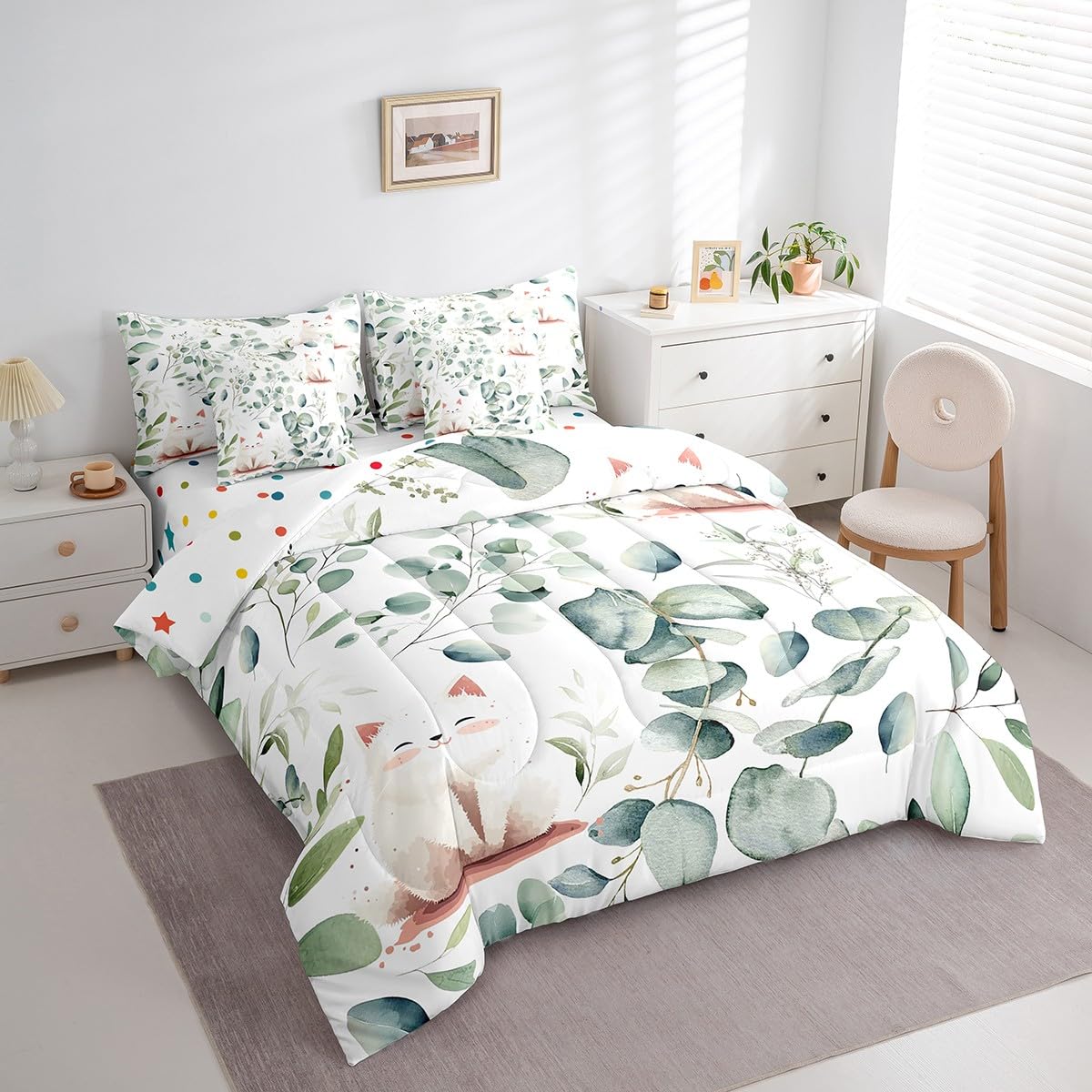 Erosebridal Kawaii Cat King Comforter Set 7 Pieces for Boys Girls Cartoon Animal Bedding Comforter Sets, Eucalyptus Leaves Bed in a Bag Pet Kitten Bedding Set, Tropical Botanical Plants Bed Sheets Set