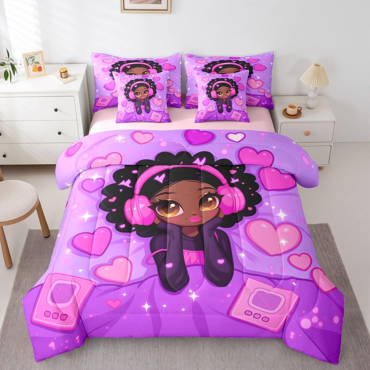 Erosebridal Anime Black Girls Queen Bedding Set Kawaii Pink Headphones Girl Comforter Set with Flat and Fitted Sheet Kids Teen Aesthetic Heart 7-Piece Bed in a Bag Music Theme Quilt Sets
