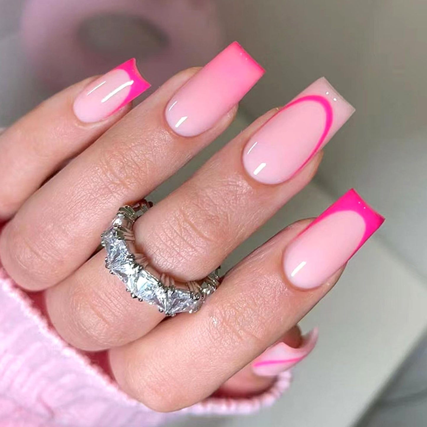 French Tip Press on Nails Medium Square Fake Nails Press ons with Rose Red Lines Gradient Design Glue on Nail Pink Full Cover Glossy Artificial Stick on Nail for Women 24Pcs
