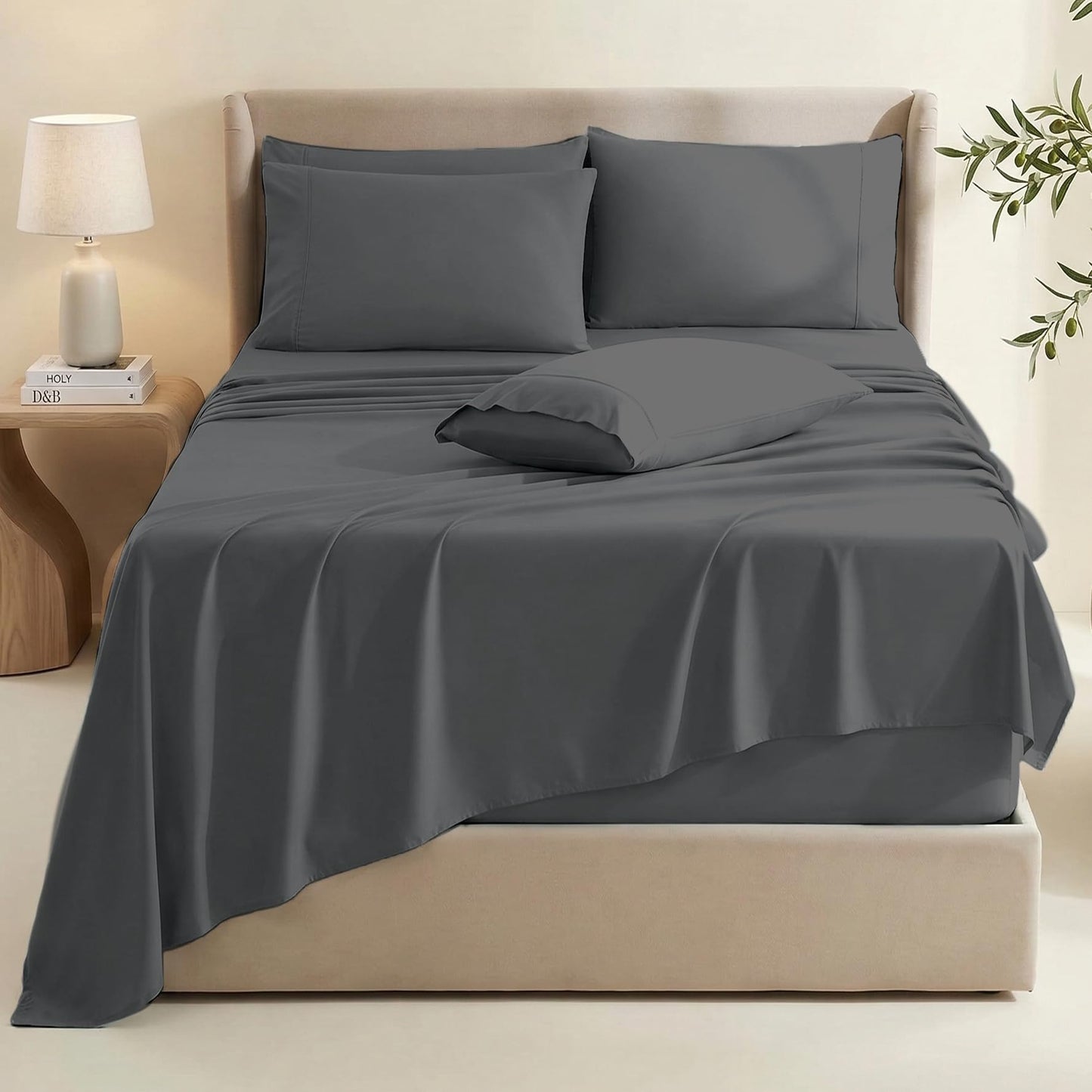 Hearth & Harbor Extra Deep Pocket Queen Sheets Sets - Fits Mattress 18-24 Inches Deep - Extra Deep Pocket Sheets - 6 Piece Queen Size - Grey