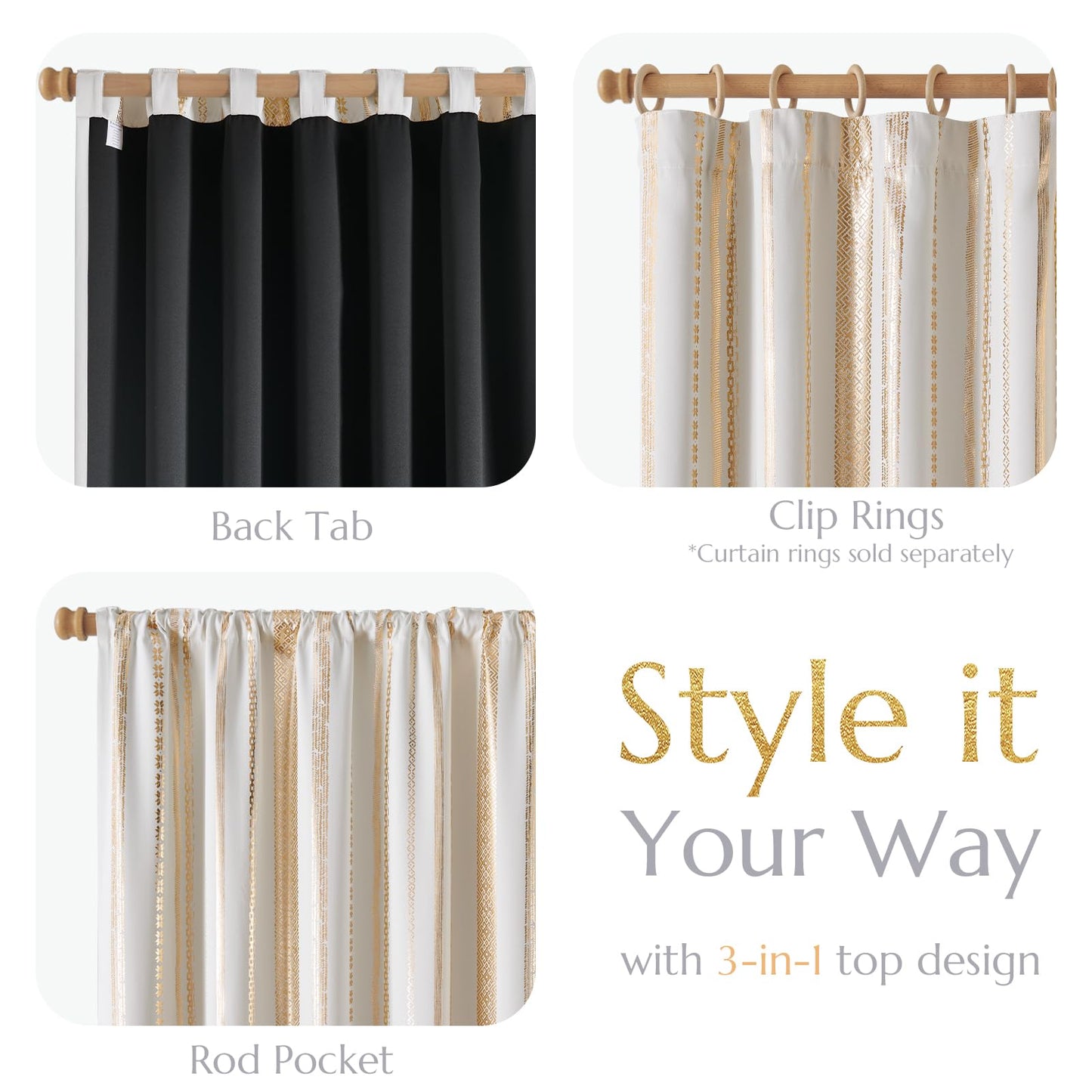 jinchan 100% Blackout Curtains 84 Inches Long for Bedroom, Boho Curtains Golden Geometric Foil Printed on Off White Back Tab Rod Pocket Holiday Room Darkening Drapes Farmhouse 2 Panels