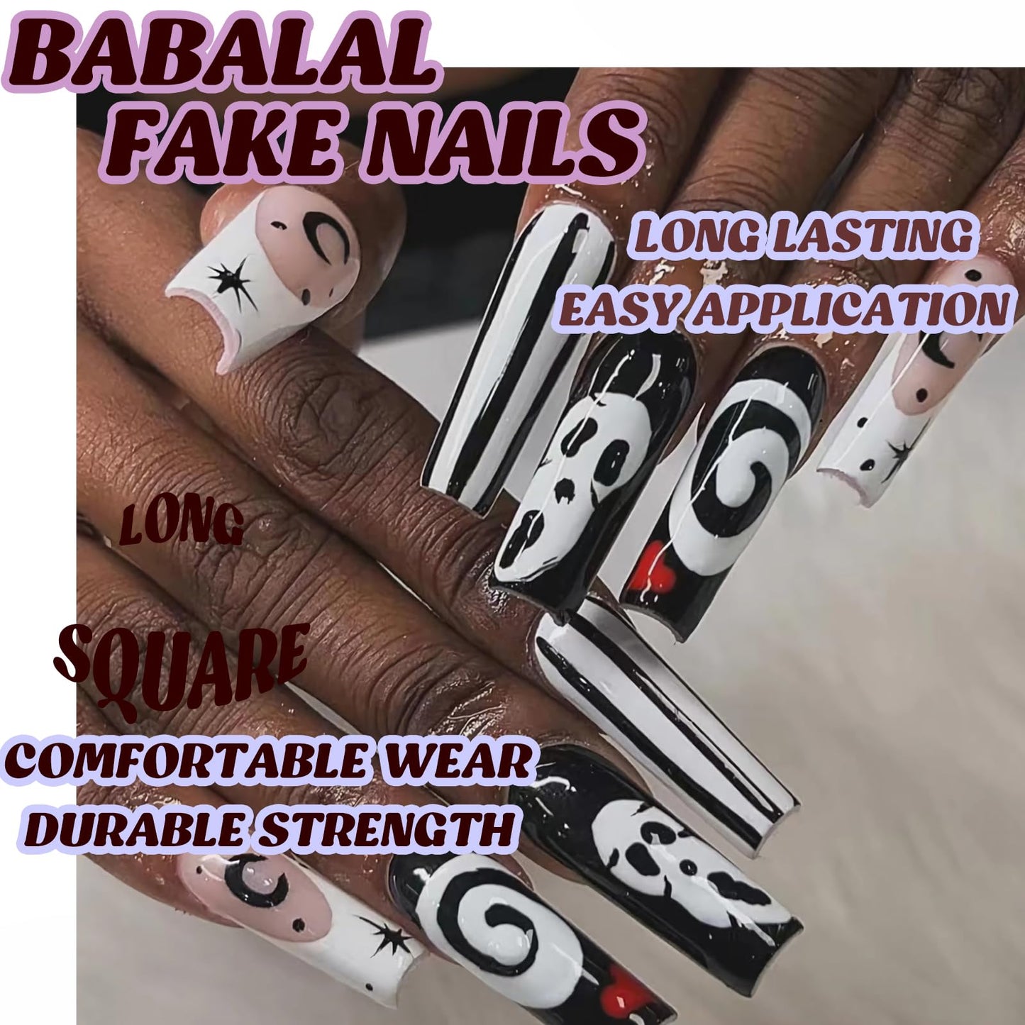 BABALAL Punk Press on False Nails Long Square Fake Nails Black Goth Glue on Ghost Moon Swirl Design Halloween Custom Supplies Art 24Pcs XL Glossy Manicure Acrylic False Nails