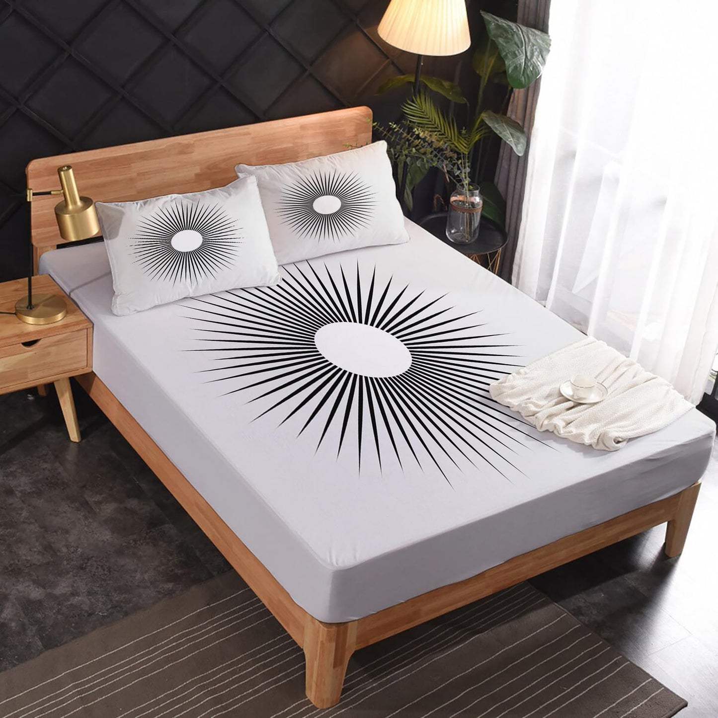 zcsm Black and White Sheets King Size - Abstract Sun Bed Sheets, Soft Microfiber & Deep Pocket & Wrinkle Free Patterned Bedding Sheets & Pillowcases, 1 Fitted Sheet, 1 Flat Sheet, 2 Pillow Cases
