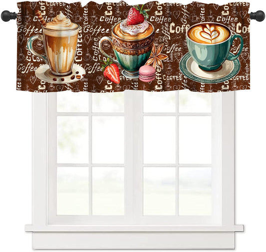 AAVEUP Coffee Valance Curtains for Kitchen,Vintage Hand Painted Cappuccino Strawberry Dessert Window Valances Short Panel Blackout Treatment Drapes for Bathroom Bedroom Cafe Restaurant 54x 18 in
