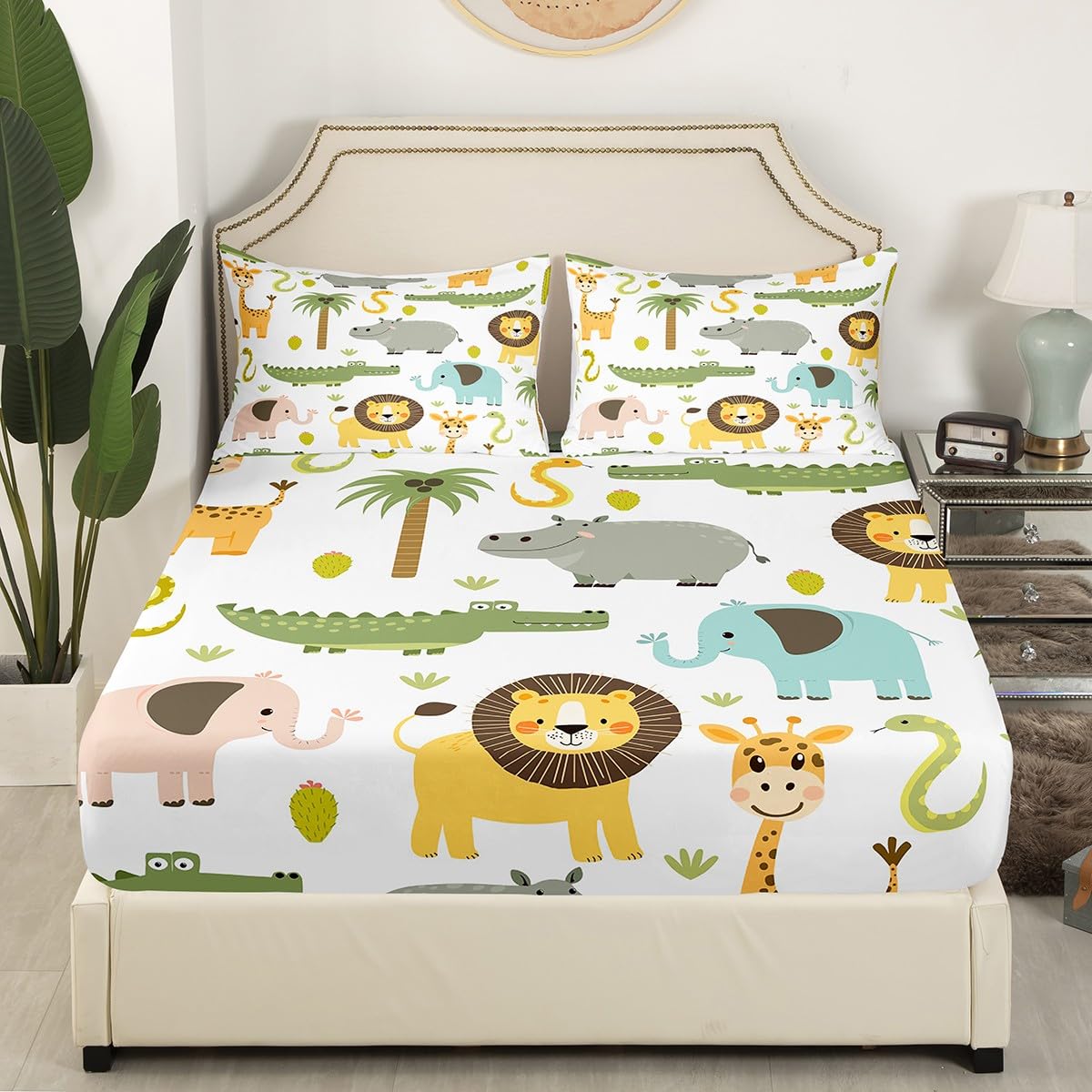 Wild Animals Bedding Set Safari Animals Print Bed Sheet Set for Boys Girls Teens Cute Hippo Crocodile Lion Fitted Sheet Kids Cartoon Elephant Giraffe Bed Cover Room Decor Full Size