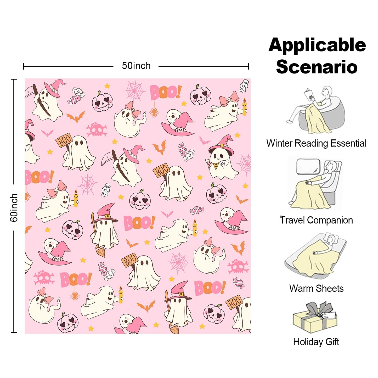 UIMCHWP Pink Ghost Boo Blanket - Fun and Cute Flannel Soft Warm Blanket for Sofas and Chairs - 50x60 Inch
