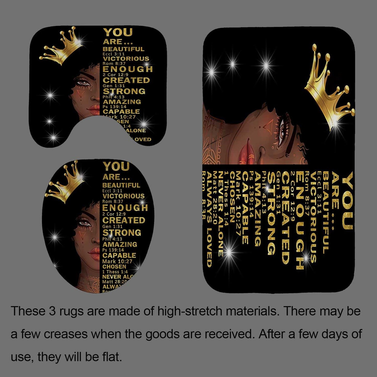 Jayden Madge 4PCS African American Woman Shower Curtain Set, Gold Crown Glitter Inspirational Quotes Ethnic Tribal Afro Girl Melanin Queen Black Women Bathroom Decor, Non-Slip Bath Mat Toilet Rug